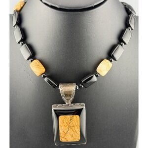 Vintage DTR Sterling Silver Pendant Necklace Onyx Picture Jasper Stone  18"